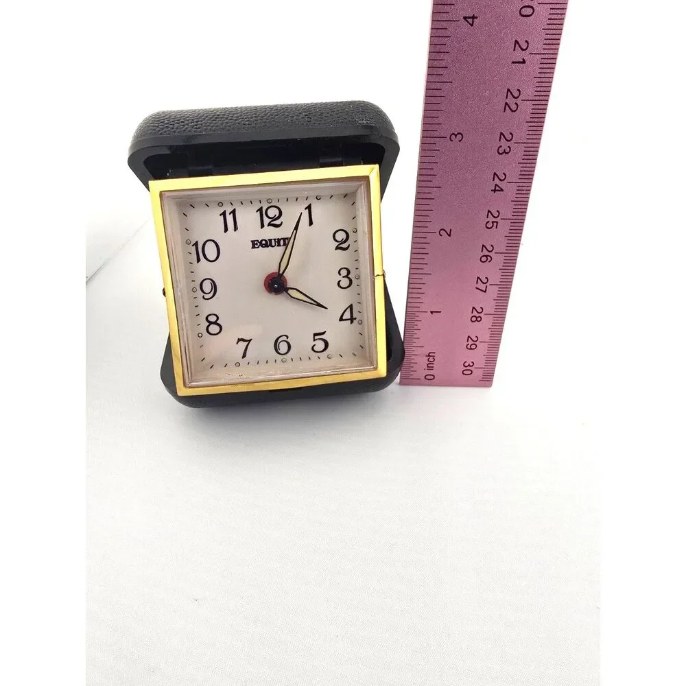 Vintage Equity Folding Travel Alarm Clock Black Gold Case Tested Working Compact